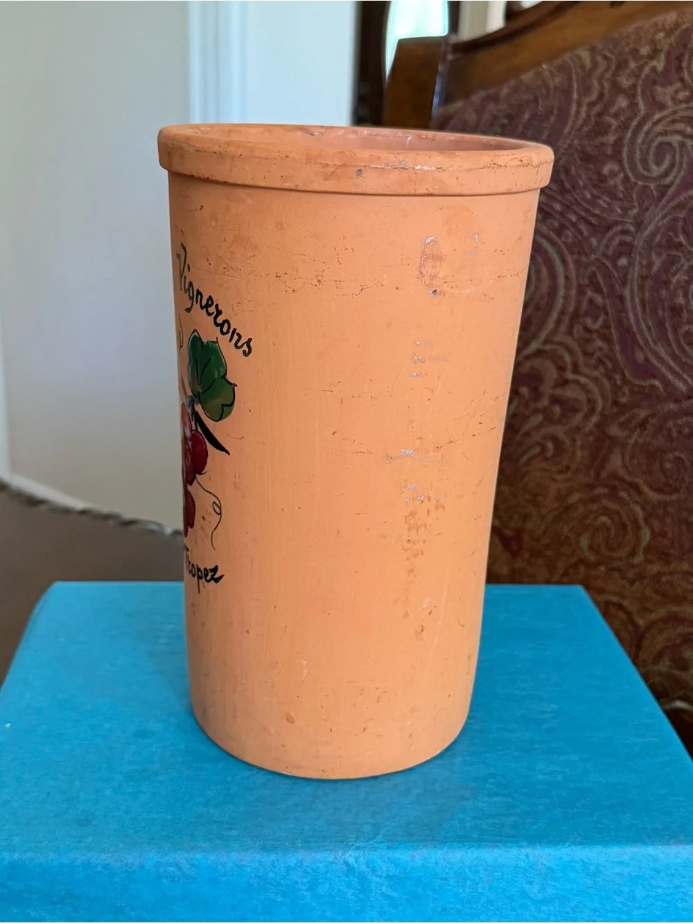 Vintage French Vallauris Terracotta Wine Barrel with Grapes and Leaves Design